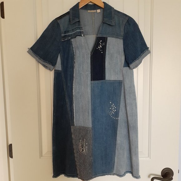 Holding Horses Denim Patchwork Short Sleeve Collar Shift Dress Blue Size 2 - Picture 1 of 15